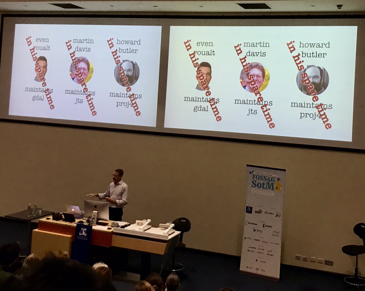YuriShendryk's tweet photo. Learning faces behind the major #geospatial open-source projects #gdal #proj4 #jts - great presentations by @pwramsey @stevage1 and @kevin_rudds_cat at #FOSS4G_SotM_Oceania https://t.co/qOm2gwuQ8c