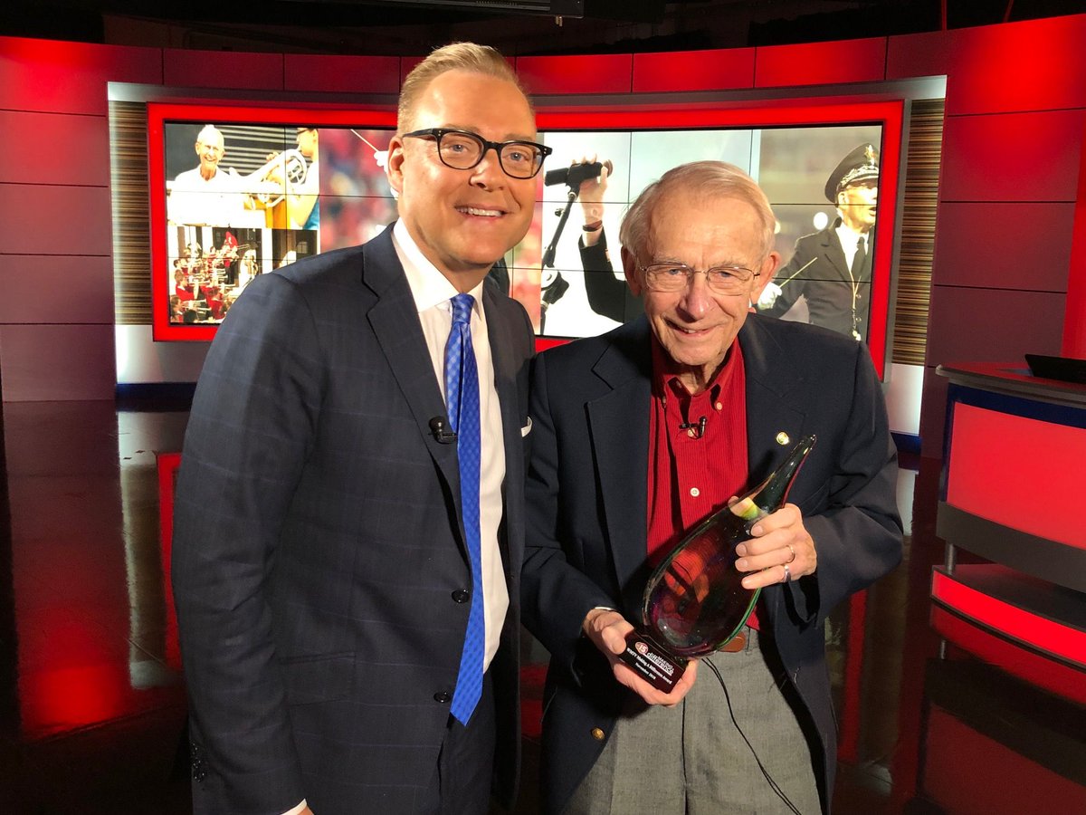 johnstofflet's tweet photo. What an honor to present @badgerband Director Mike Leckrone w/our @NBC15 #MakingaDifferenceAward! He leads the Badger Band for the final time at #CampRandall Saturday after a 50-yr career. My story on Mike airs tonight on @nbc15_madison News at 10! #IMarchedwithMike @UWMadison https://t.co/OgMq2fUHXQ