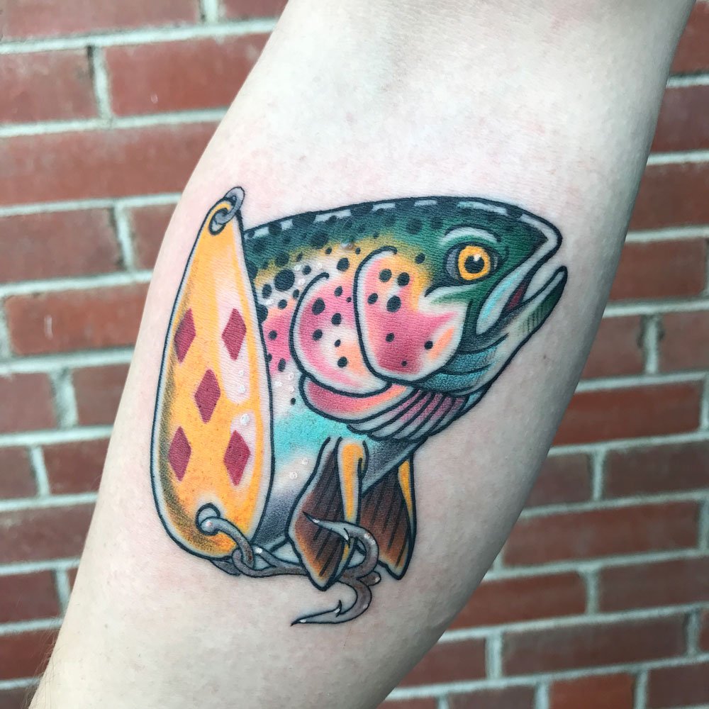 theROstudio's tweet photo. Justin, @justinverigin came back for seconds and picked out this Rainbow Trout and 5 of diamonds lure. Thanks buddy, had a rad time making this one for you today! #5ofdiamondslure #americanatattoos #americantraditionaltattoo #bloodmoneyirons #bright_and_b https://t.co/SEingTSaVe https://t.co/YtZ0isluwd