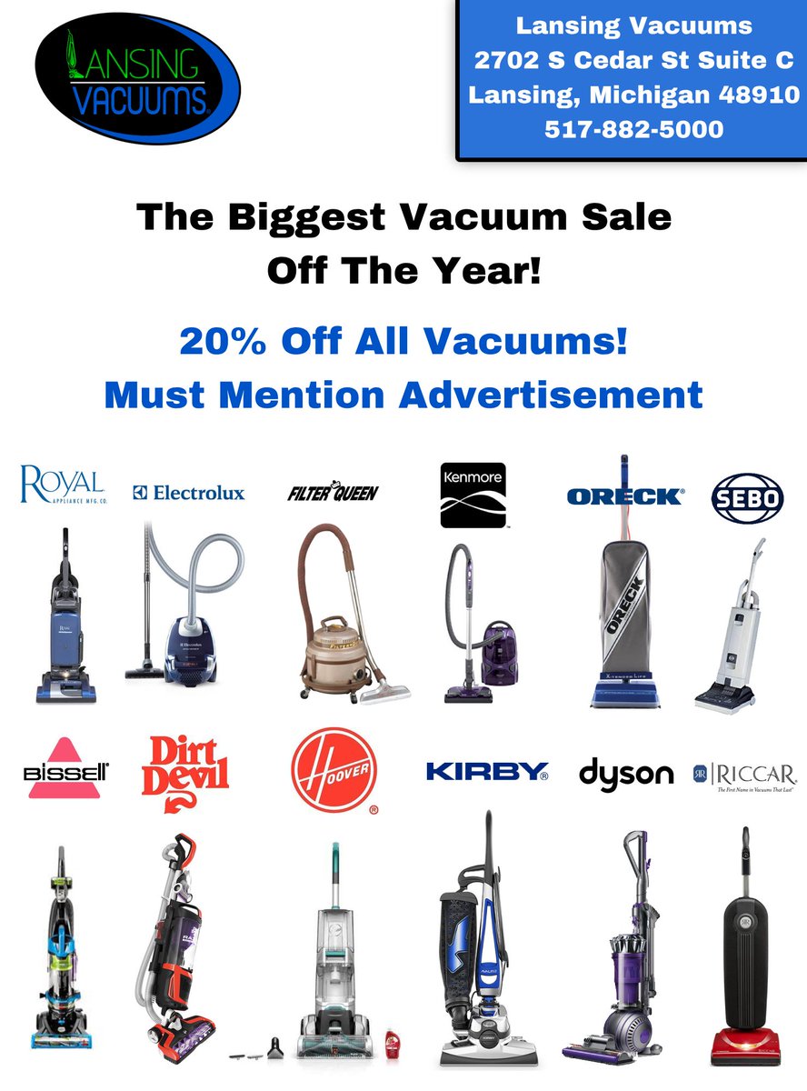 The Biggest Vacuum Sale
Off The Year Starts Now!

20% Off All Vacuums!
Must Mention Advertisement

(517) 882-5000
2702 S Cedar St, Suite C 
Lansing, Michigan

#PureMichigan #LoveLansing #Lansing #Michigan #Vacuums #Vacuum #VacuumStore #Sale #BlackFriday #Thanksgiving #Holidays
