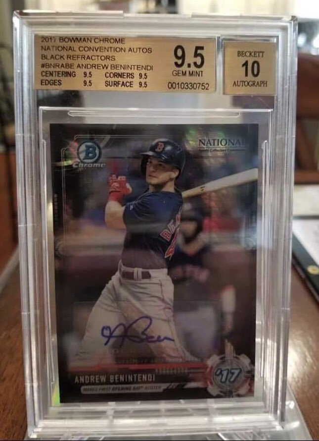 maevro's tweet photo. 2017 #Bowman #Chrome #Andrew #Benintendi #National #Convention #Autograph #BlackRefractor #1of1 #BostonRedSox @BowmanCards @beckett_grading @SHOWYOURHITS @CollectTheGame https://t.co/vs9HcBG38S