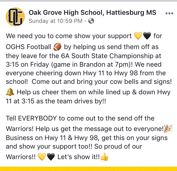 Warrior fans: Come out and send the OG football team off to South State Friday as they head to Brandon. Line Hwy 11 at 3. Game at 7pm. 🖤💛🏈 <a href="/CoachCausey66/">Drew Causey</a> <a href="/ogstudentsec/">OG Student Section</a>