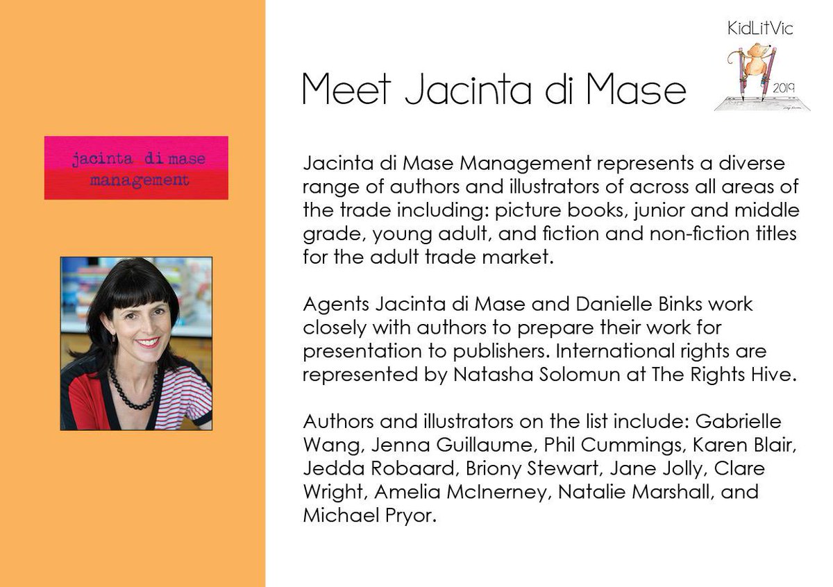 kidlitvic's tweet image. At KidLitVic 2019, you will also meet Jacinta di Mase from @Jacinta_DiMase Management #ticketsaresellingfast #reallyfast #dontmissout get the #insidestory #booktoday