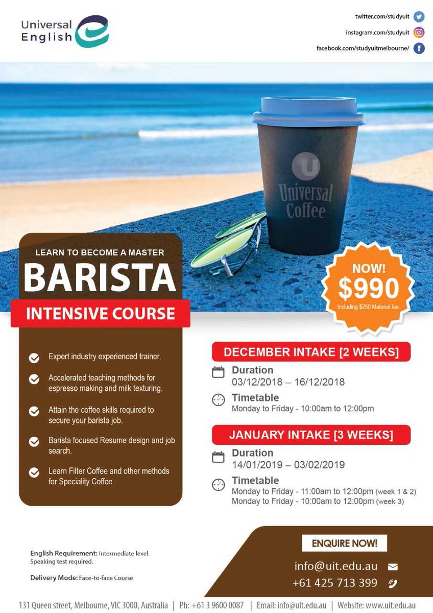 studyuit's tweet image. ☕☕Applications for the next intake of Barista Intensive course are now open 😀! Learn the latte art at our Universal English campus in the vibrant Melbourne CBD , known for its coffee culture. Starts 3rd December 2018 ☕☕#baristacoursesmelbourne #coffeelovers #Barista