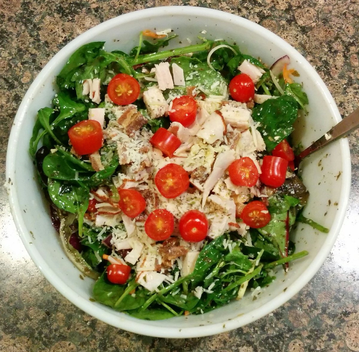 Quinn_Taylor's tweet photo. No dainty salads allowed in this #keto zone. Cow, chicken, pig and basil pesto well represented in this grassy knoll in a bowl. #24hourfasting #thisisdinner https://t.co/ZG07S5ca0m