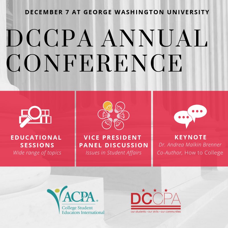 The DCCPA Annual Conference on Dec 7 will feature 20 educational sessions, a VP panel discussion on issues in higher ed, and remarks from featured speakers! Join us!! dc.myacpa.org/conference/ #sapro