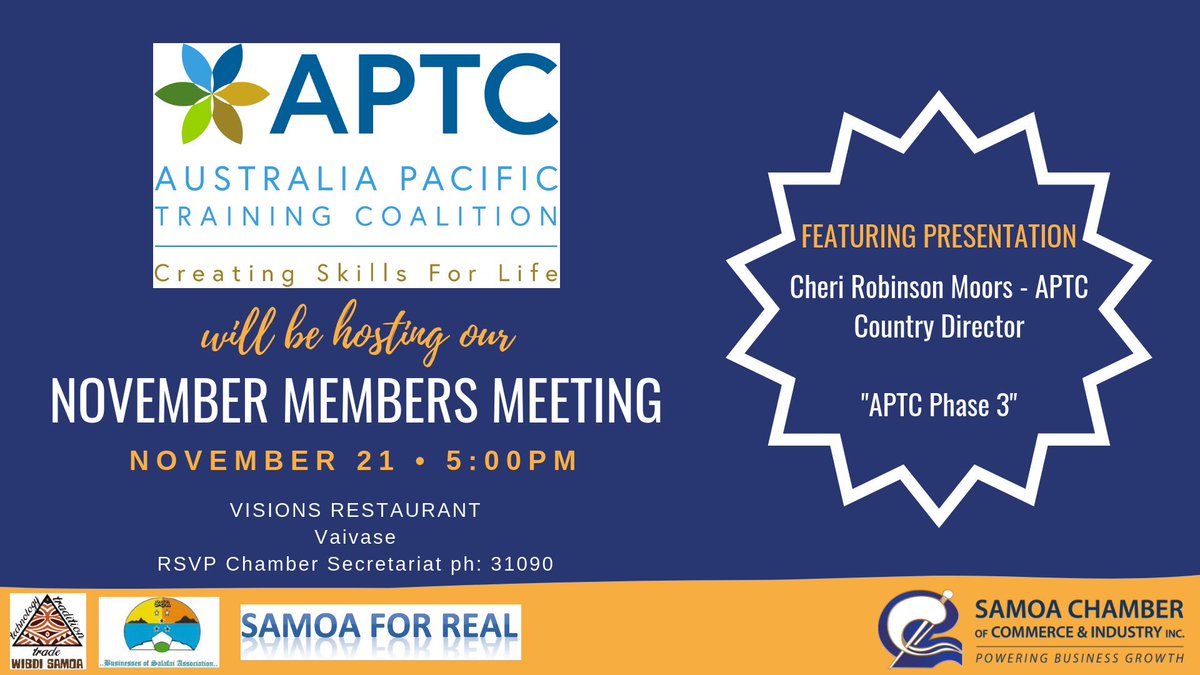 Our last members meeting for 2018 is starting soon here at the Visions Restaurant, Vaivase - thank you Cheri Robinson Moors and the team at APTC for hosting us today #AustraliaPacificTrainingCoalition #PoweringBusinessGrowth