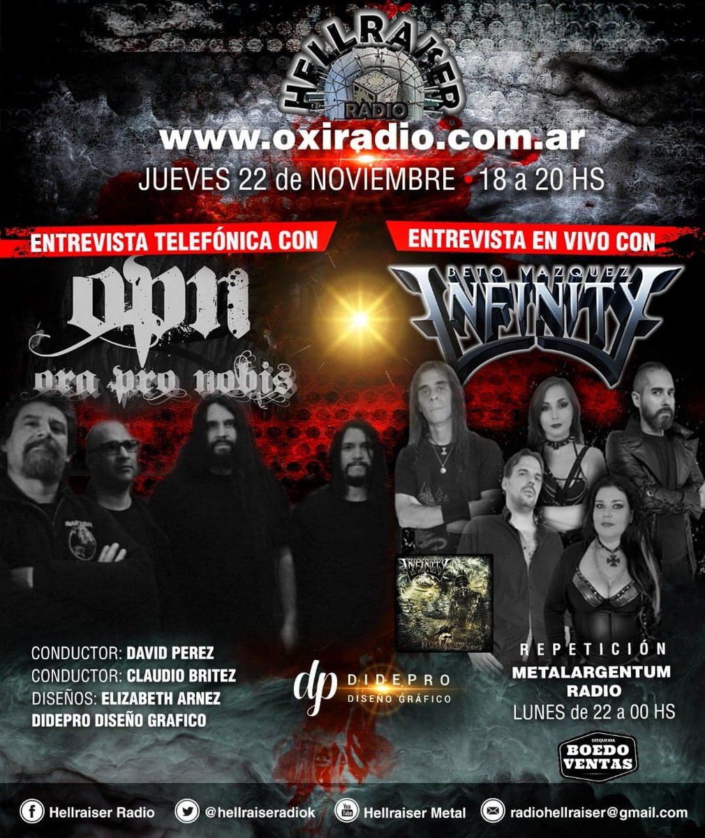 hellraiseradiok's tweet photo. Este jueves en @hellraiseradiok tendremos telefónica con #orapronobis y entrevista en vivo con @BetoVazquezInfi
Además,la reseña del show de @IanMetalOficial en Tucumán
.
@BVMRECORDS #entrevistas #heavymetal #programasdemetal #doommetal @elirocker20 https://t.co/MaXaY8GyMg
