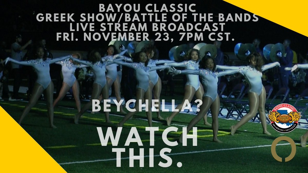 BayouClassic74's tweet photo. Wondering what inspired #Beychella? Catch the Greek Show and Battle of the Bands LIVE-STREAM on @OnyxTV, Fri. Nov. 23, 7pm CST. Order at https://t.co/xCIRPKPw6L  - YOUR Events. LIVE. #HBCUGradsGiveBack #BayouClassicWatchParty https://t.co/btkpsN21T2