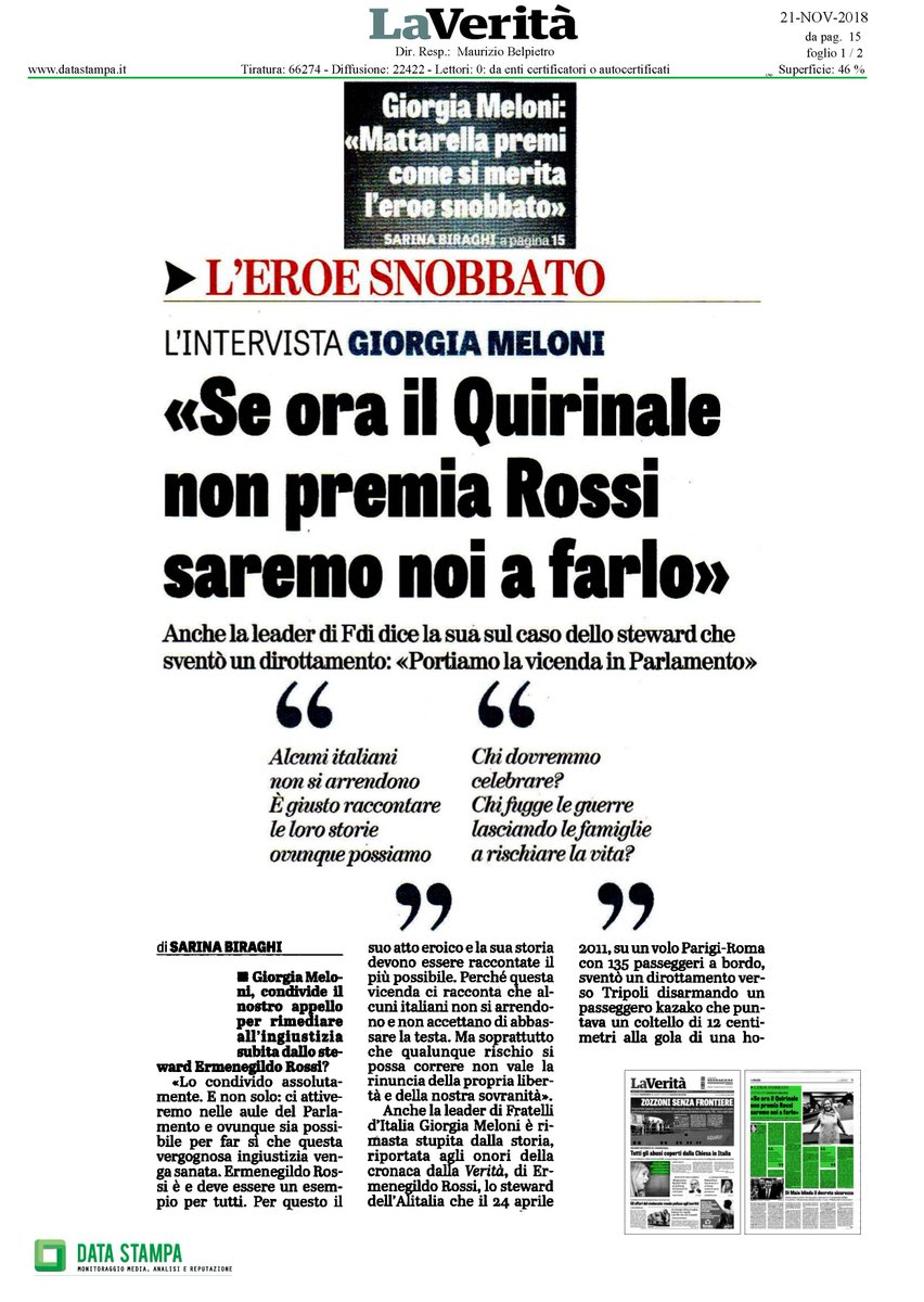 UGLConf's tweet photo. Su La Verità l'appello di Giorgia Meloni, presidente di Fratelli d'Italia, al Capo dello Stato, Sergio Mattarella, affinché il nostro Segretario @UGLRoma e steward Alitalia Ermenegildo Rossi @gildo_rossi venga premiato per aver sventato un dirottamento https://t.co/4sSP0MmxaY