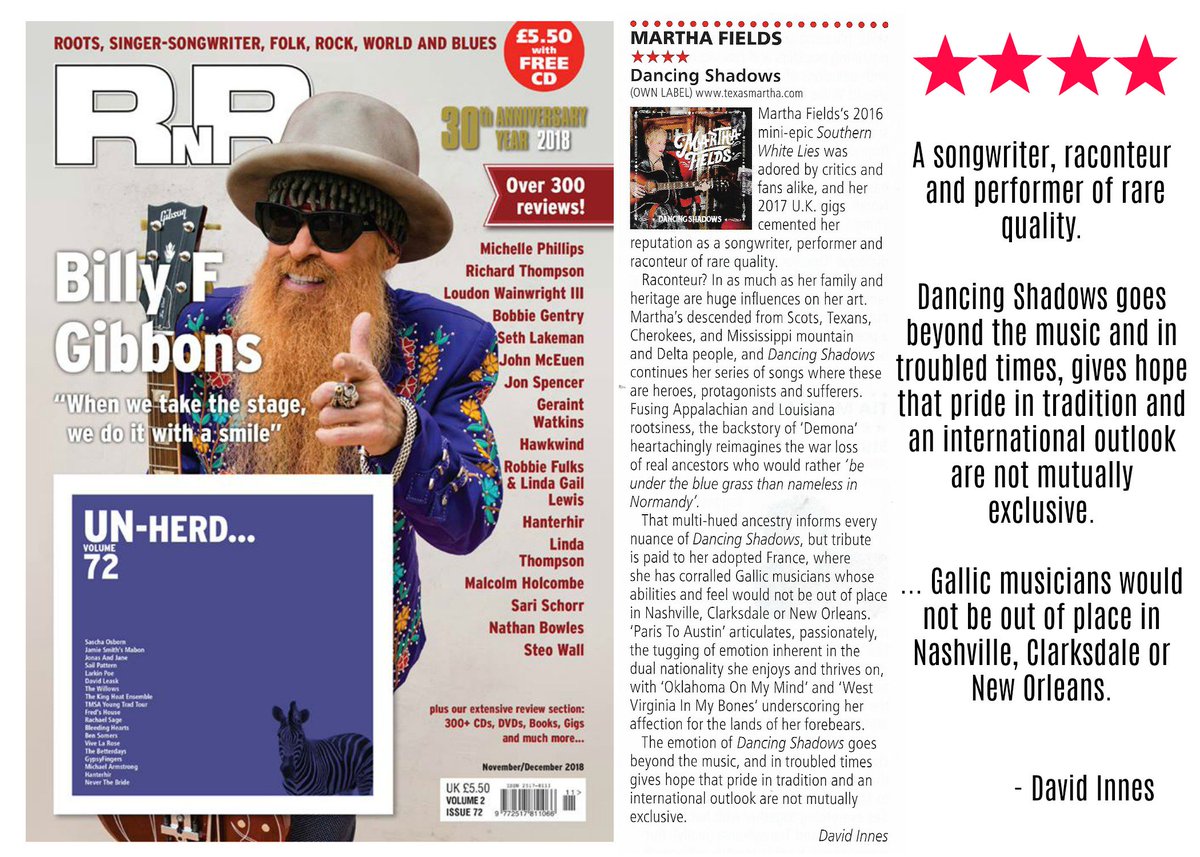 TexMarthaFields's tweet photo. Nice early THANKSGIVING present. Thanks so much David Innes for the 4 star review of Dancing Shadows in this month's @RnR (and last issue of the year with Gibbons on the cover - A haw, haw, haw, haw. #Americana #RnR #marthafields #dancingshadows https://t.co/l8YPJSVQG2