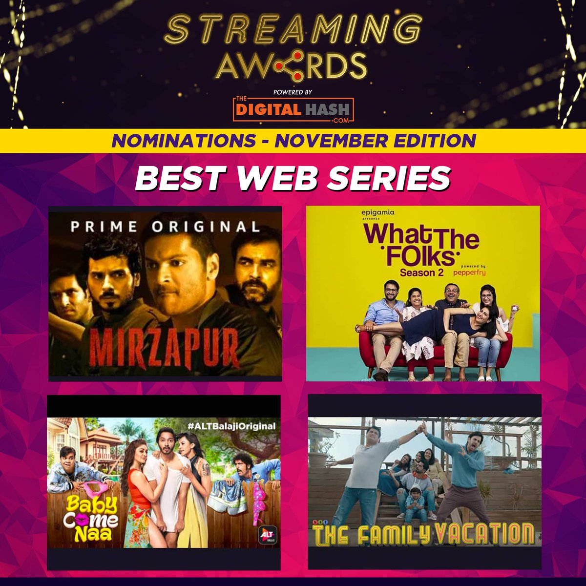 TheDigitalHash's tweet photo. Guess who will win??🏆🏅

Here is our list of 'Best #Webseries ' for November #edition from the streaming platform.

@PrimeVideoIN @altbalaji @TeamShittyIdeas @YehHaiMirzapur @DiceMediaIndia #nomination #streaming #TDH https://t.co/yG7CH48Gla