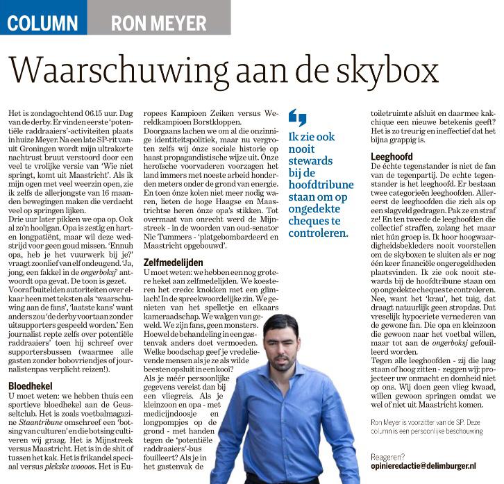 MeyerRon's tweet photo. "We zijn fans, geen monsters." 
Mijn column in De Limburger. https://t.co/c6lc6ndNs5