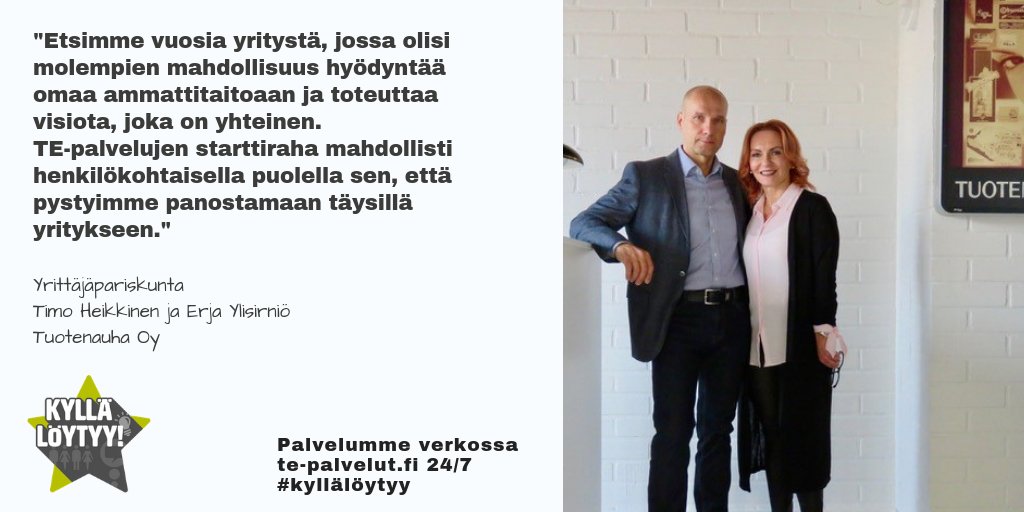 tyomarkkinatori's tweet photo. #TEpalvelut ja #starttiraha helpottivat #yrittäjä'n arkea yrityskauppojen jälkeen. Tuotenauha Oy, yksi pohjoismaiden suurimpia etikettienvalmistajia, siirtyi Timon ja Erjan omistukseen 2017. Starttirahainfoa https://t.co/dz8mRgBX5G  #kyllälöytyy #yrittäjät #eures #rekry #kasvu https://t.co/TCzJjsAfiL