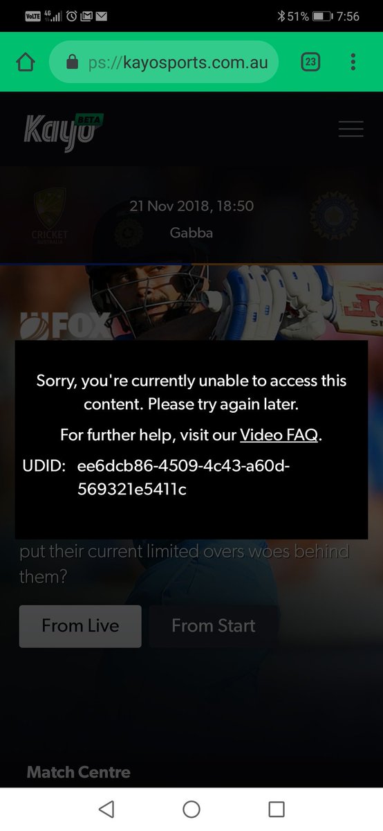 . <a href="/FOXSportsAUS/">FOXSportsAUS</a> #Kayosports just isn't working for my account. Can't stream and can't cancel. Have tried on 2 computers, multiple browsers, multiple phones and getting this same message.
If this is the service to expect I'll be damned if I'll be paying for this.