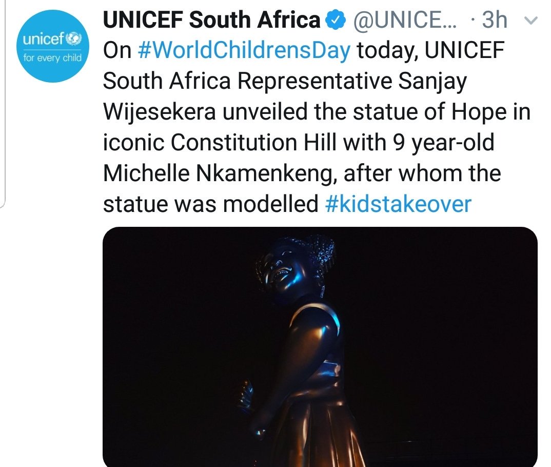 michelle_n23's tweet photo. Thank you UNICEF South Africa ! I am really honour and humble to be international recognition. Hope statue permanent home at iconic Constitution Hill #WorldChildrensDay #kidtakeover https://t.co/YCVSBLjnOe
