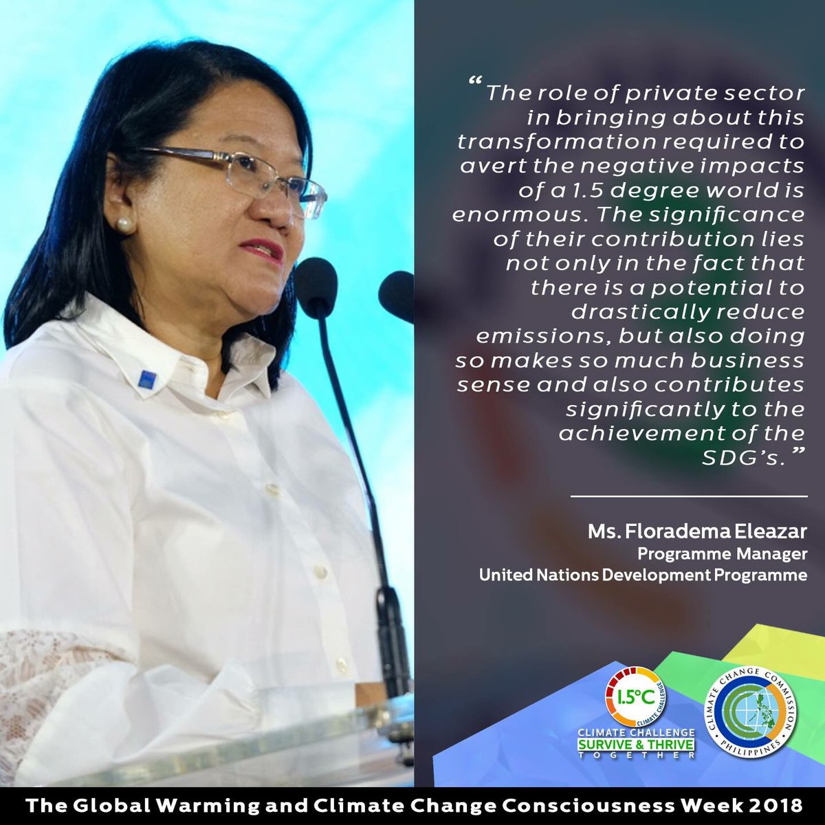 CCCPHL's tweet photo. UNDP Philippines Programme Manager Floradema Eleazar stressed on the importance of reducing emissions to avert the negative impacts of 1.5C of global warming.
#1o5C #CCCWeek2018 https://t.co/LCw3oILbAB