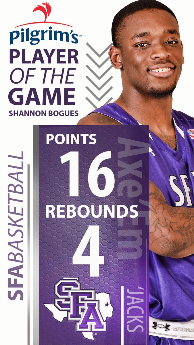 SFA_MBB's tweet photo. Your Pilgrimโs Player of the Game is Shannon Bogues tonight! For more visit SFA Athletics on IG Stories. #AxeEn https://t.co/Y64Oo0GSw0