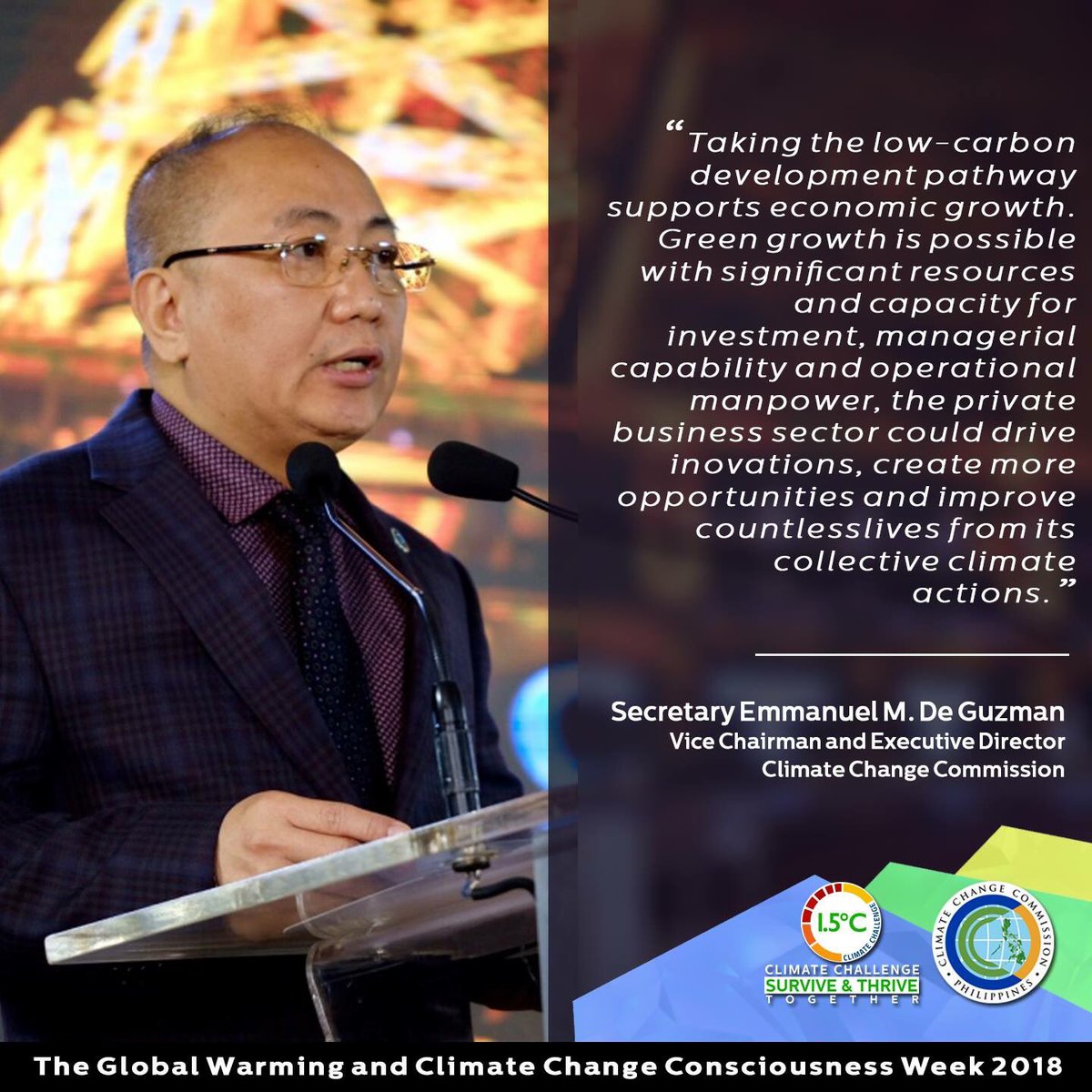 CCCPHL's tweet photo. Taking the low-carbon development pathway supports economic growth. — Climate Change Commission Vice-Chair Emmanuel de Guzman #CCCWeek2018 #1o5C #climateaction https://t.co/63xhMWHf1u