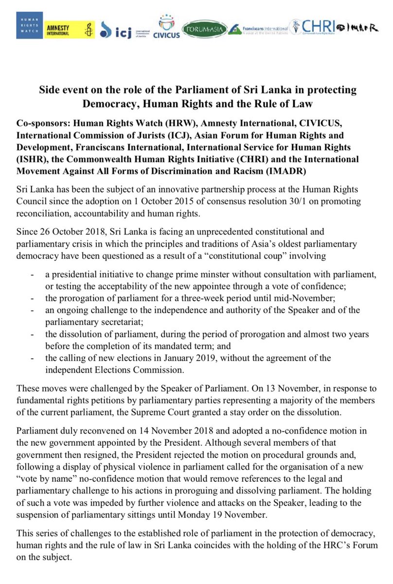 ThyagiR's tweet photo. Looking forward to this side event on the Role of Parliament of Sri Lanka in protecting Democracy, Human Rights and the Rule of Law at the @UNHumanRights #ForumHRDem tomorrow. #lka https://t.co/DcKdqrBIDp