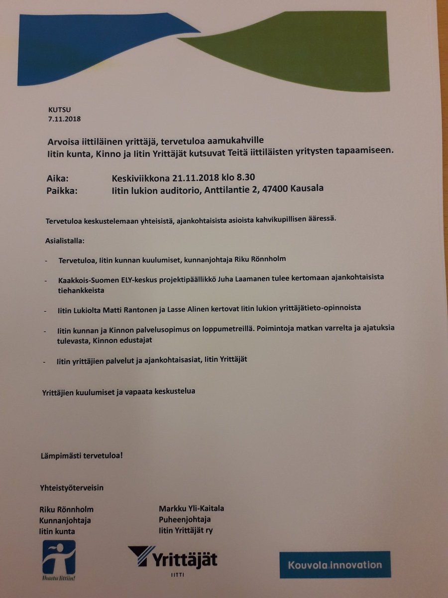 Aamukahvitilaisuus iittiläisille yrittäjille alkaa klo 8.30 Iitin lukiolla. Tervetuloa!