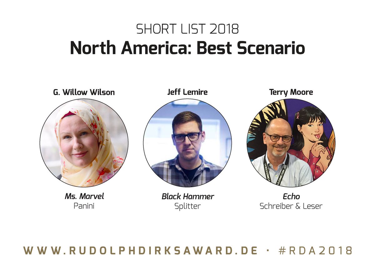 DirksAward's tweet photo. North America: Best Scenario #RDA2018 @GWillowWilson @JeffLemire @TerryMooreArt @PaniniVerlag @SplitterVerlag @schreiberleser https://t.co/FnQubELe05