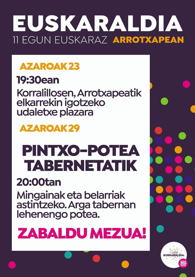 Hainbat ekimen eta ekintza proposatzen dizkigute Euskaraldiko egunetarako. Hauxe Arrotxapearrena:
<a href="/IruneaEusk/">Euskaraldia Iruñea</a>
@irunerriaeusk