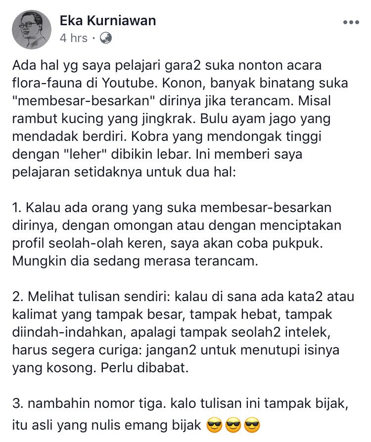 Kalau ada orang yang suka membesar-besarkan dirinya, mungkin dia sedang merasa terancam.

#StatusEka