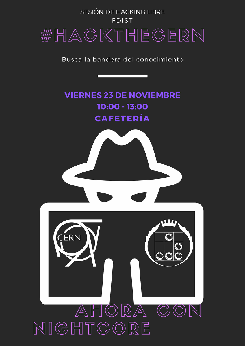 AsciiFdi's tweet photo. ❗️❗️Sesión de #Hackthecern❗️❗️
Vosotros pedís y los hackers responden @DSinapellido #FDIst ahora con nightcore*
----
Día: 23 Viernes
Hora: 10:00 - 13:00
Lugar: Cafetería FDI
----
*es posible que se termine escuchando Los Gandules. https://t.co/U7YvUAtpVT
