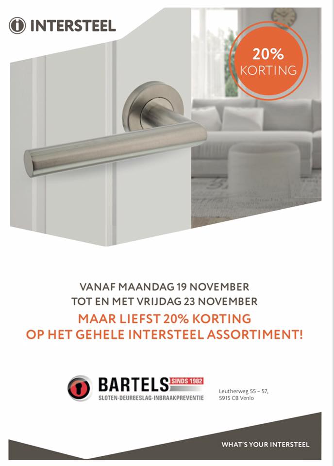 Intersteel en haar klanten doen ook mee met Black Friday: 19 tot en met 23 novenber 20% korting op het gehele Intersteel deurgrepen assortiment bij <a href="/slotenboer/">Bartels Sloten</a> !