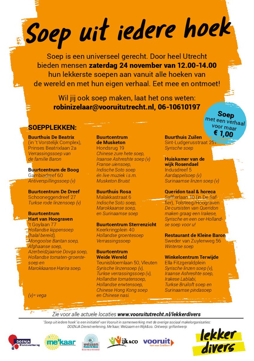 A.s. zaterdag 24 nov. kun je in heel #Utrecht een #lekkerdivers soepje drinken met Soep uit Iedere Hoek. OOK in De Weide Wereld van 12.00-14.00 uur: o.a. Hollandse tomatensoep, Turkse Verrassingssoep &amp; Syrische Linzensoep, gemaakt door buurtbewoners! Wees erbij! #vleuterweide