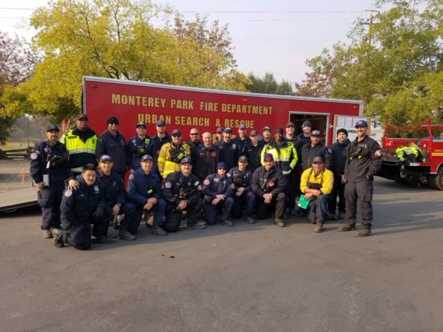 ProtectArcadia's tweet photo. #RTF4 with four #ArcadiaFireDept members continue to serve the #CampFire in Northern #California. They’ve #searched hundreds of structures within the last few days. Here they take a quick #photo during their rest period. #usar #technicalsearch https://t.co/lZ0j6cemdd