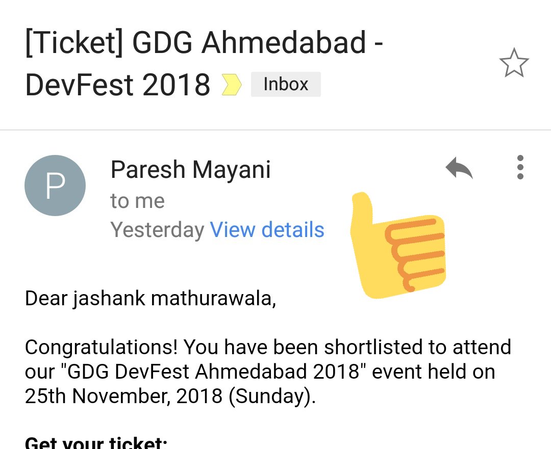 jashank101's tweet photo. Yes!!! Finally got ticket of  
most awaited event @GDGAhmedabad 
let's make productive sunday with our rockstar speakers @hellonehha @pareshmayani  @karthik_padman @spachori94 @dhuma1981 and all.

#DevFest18 #GDGAhmedabad https://t.co/jhjm7O8MDl