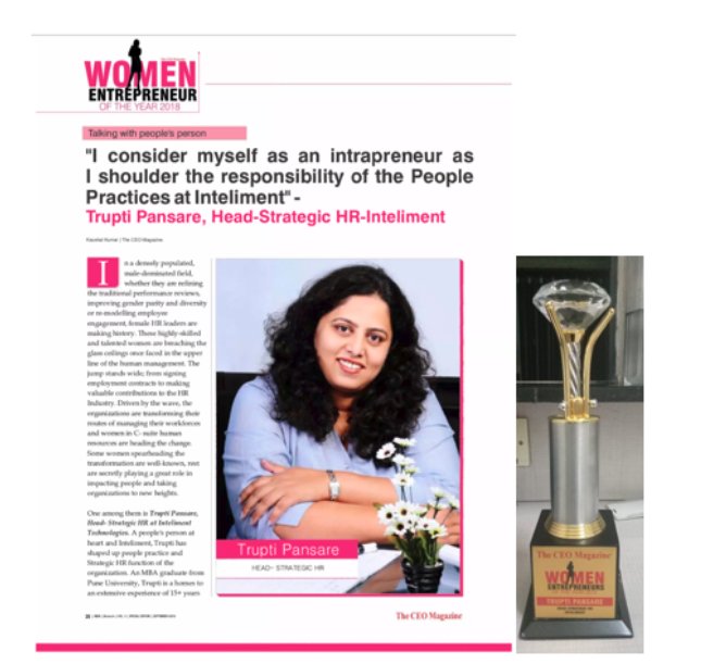 pansares's tweet photo. It gives me immense pleasure to share that @tppansare, CHRO, @inteliment has been recognized by @TheCEO_Magazine as Valued Corporate Women Leadership Awards! https://t.co/khaH7bh1xJ