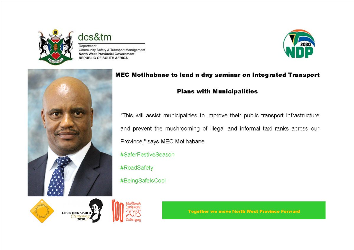 NWPGCommSafety's tweet photo. MEC Motlhabane to lead a day seminar on Integrated Transport Plans with Municipalities. https://t.co/wbLar8C4DK
#SaferFestiveSeason #RoadSafety #BeingSafeIsCool https://t.co/fpHlnm0iDh