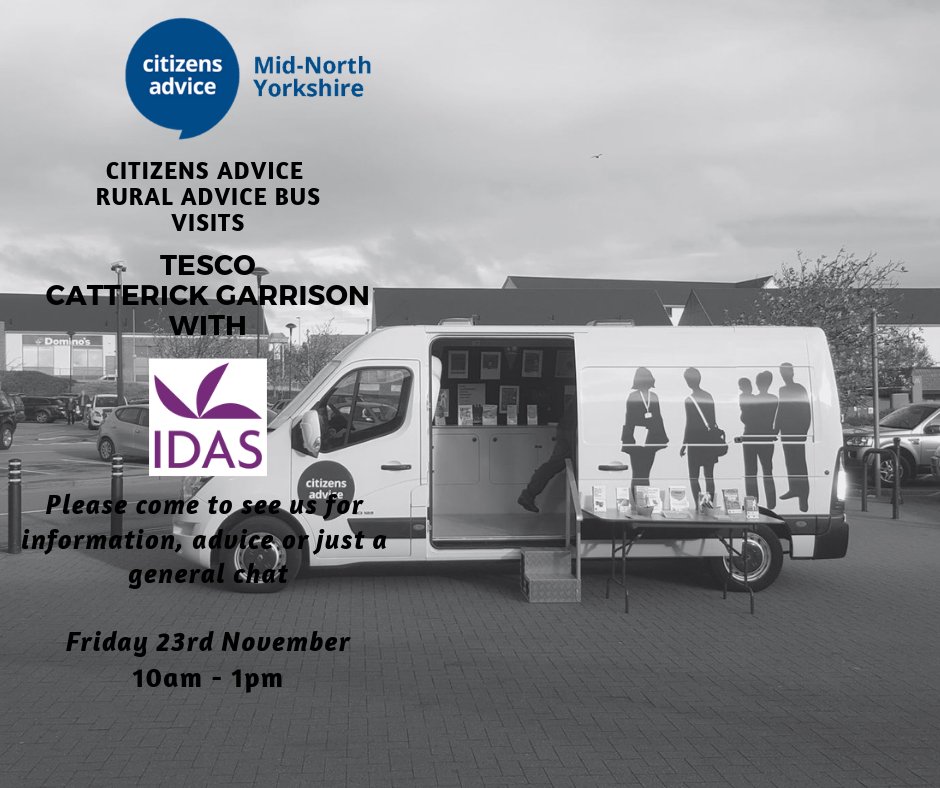 CANorth_Yorks's tweet photo. We are looking forward to Friday where our #RuralAdviceBus will be at Tesco Catterick Garrison between 10am and 1pm as @IDASfor100 will be joining us! Come to see us for #advice #information or just a chat! #BusOnTour #WednesdayWisdom https://t.co/nnUzl4tdmb