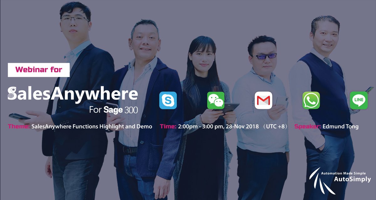 AutoSimply's tweet photo. hi, Partner! We've shown you some powerful functions of SalesAnywhere during the Sage Asia Partner Summit. In case you missed it, we are having a webinar on 28-Nov for you to learn more about SalesAnywhere! Please check the webinar detail and register NOW!
https://t.co/x0YBNxvaVd https://t.co/3CU8RzVHWH