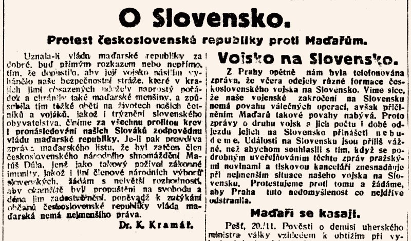 pred100lety's tweet photo. Slovensko je naše, a proto tam posíláme vojáky. Ale Pražáci by si měli dávat pozor, aby v novinách nic o vojenských přesunech nevyzrazovali. (Lidové noviny, Brno, 21.11.1918) https://t.co/FWzqSjyu4n