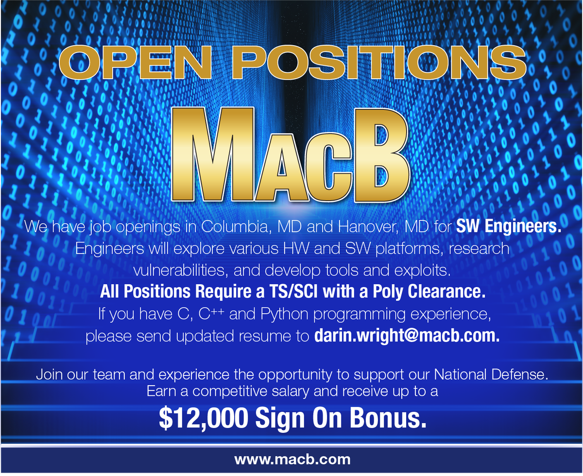 MacB_Careers's tweet photo. Start your Holidays off in a NEW, EXCITING career! MacB is looking for software, reverse, and test engineers. All positions require a full scope poly clearance. On top of the great benefits and competitive salary, we are also giving a $12,000 SIGN ON BONUS! #WhyMacB #HanoverMA https://t.co/K3a5fxCk8D