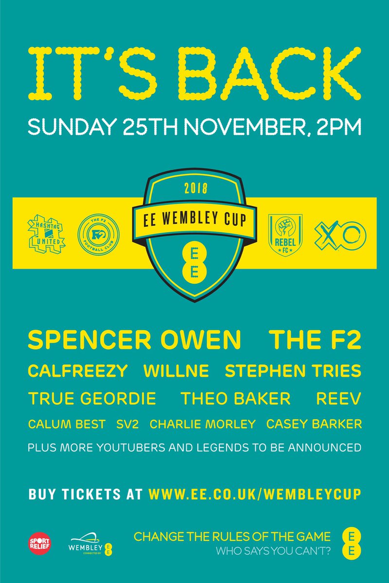 GIVEAWAY: The @EE #WembleyCup LIVE semi finals & final are THIS SUNDAY 25th November @wembleystadium.
I’m giving away 4 tickets to someone who follows me, @hashtagutd & RETWEETS this tweet!
4 huge YouTubers & 4 Legends to join the teams in tomorrow’s draft episode too! 🔥