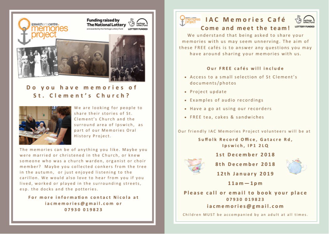 All welcome to attend our first Memories Café at #Suffolk Record Office <a href="/KeyToThePast/">KeyToThePast</a> on Sat, 1st of Dec (see flyer for other dates). #Ipswich Bring friends &amp; family but let us know you can make it by booking via bit.ly/2FLWjML so we don't run out of ☕🍰🌮 Pls RT!