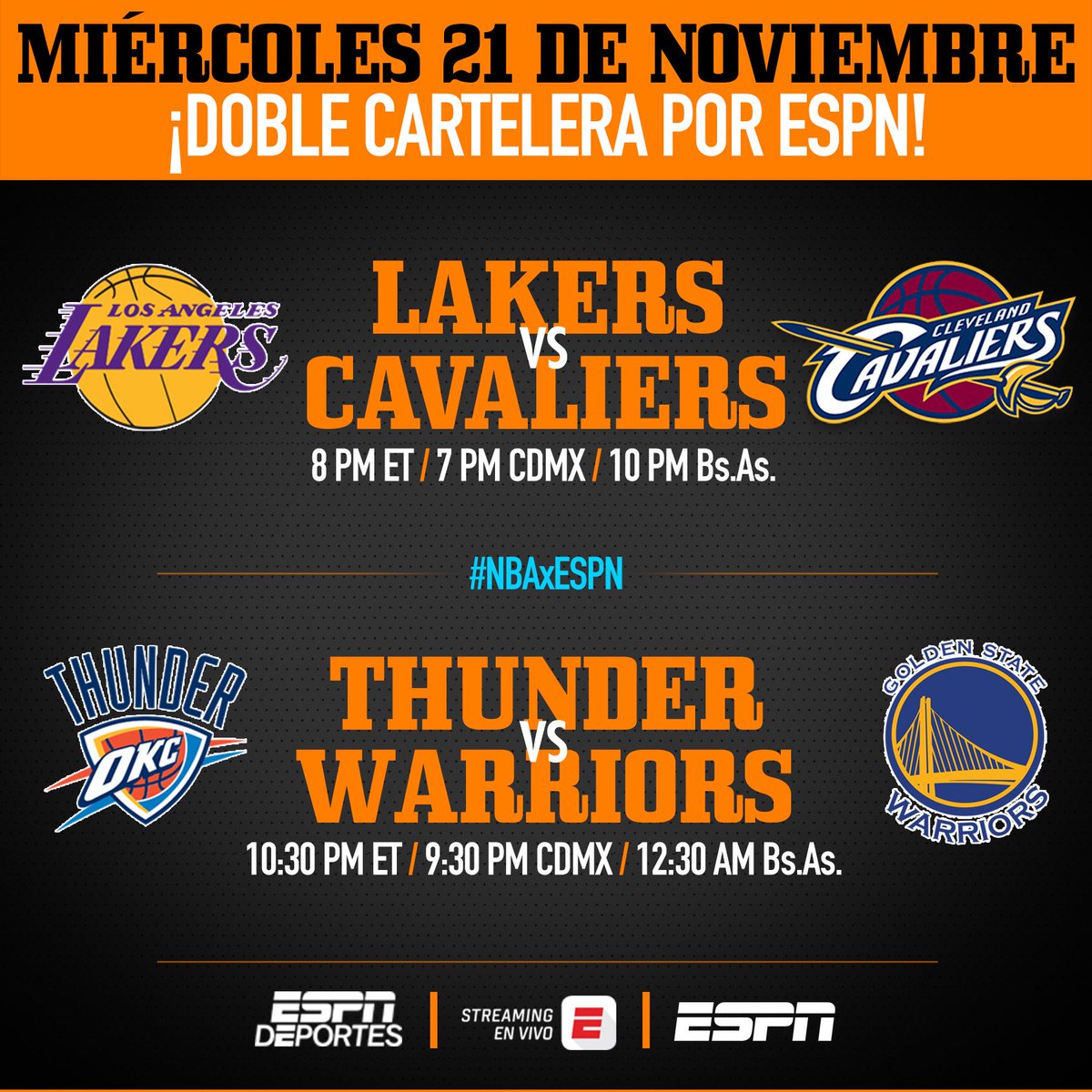 CoachCMorales's tweet photo. Esta noche, por ESPN Deportes en EEUU y PR y por ESPN en Latinoamérica. Regreso de LeBron a Cleveland y OKC visita a unos frágiles Warriors. En el 1er partido relatan y comentan @FerAlvarez y @RobAbramowitz. En el 2do estaremos junto a @AlvaroNBAMartin. https://t.co/fkWYSOTmVx