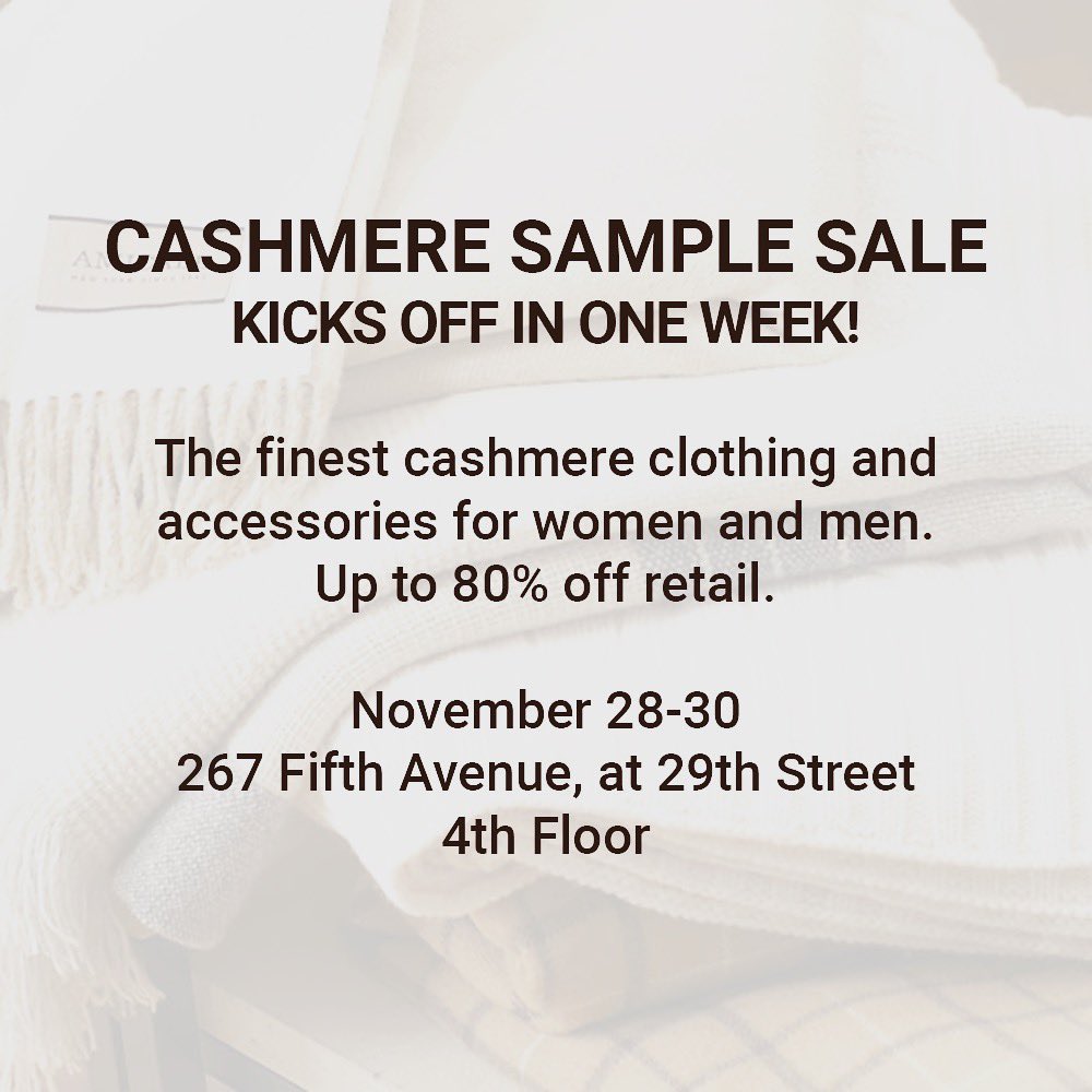 AmicaleCashmere's tweet photo. Shop our annual #cashmere #samplesale with steals and deals up to 80% off retail!
➡️ Wed Nov 28 (9am - 7pm)
➡️ Thurs Nov 29 (9am - 7pm)
➡️ Fri Nov 30 (9am to 3pm)
See you there!
#womenswear #menswear https://t.co/idiZGcgamu