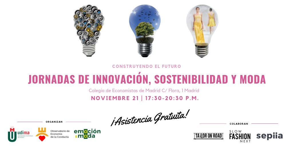 17 horas | ¿#moda y #sostenibilidad en la misma frase? "Jornada de #Innovación, Sostenibilidad y Moda" ¡GRATUITA! ¡Aún estás a tiempo! Con <a href="/JuanLuis_Rubio/">Juan Luis Rubio</a> <a href="/UDIMA/">Universidad UDIMA</a> <a href="/GemaGomezSFN/">Gema Gomez 🌍💚🌱</a> <a href="/SlowFashionNext/">Slow Fashion Next</a> <a href="/emocionymoda/">Emoción y Moda</a> ¡Y si no puedes asistir síguelo online aquí  👉meet.lync.com/infocemad/admi…