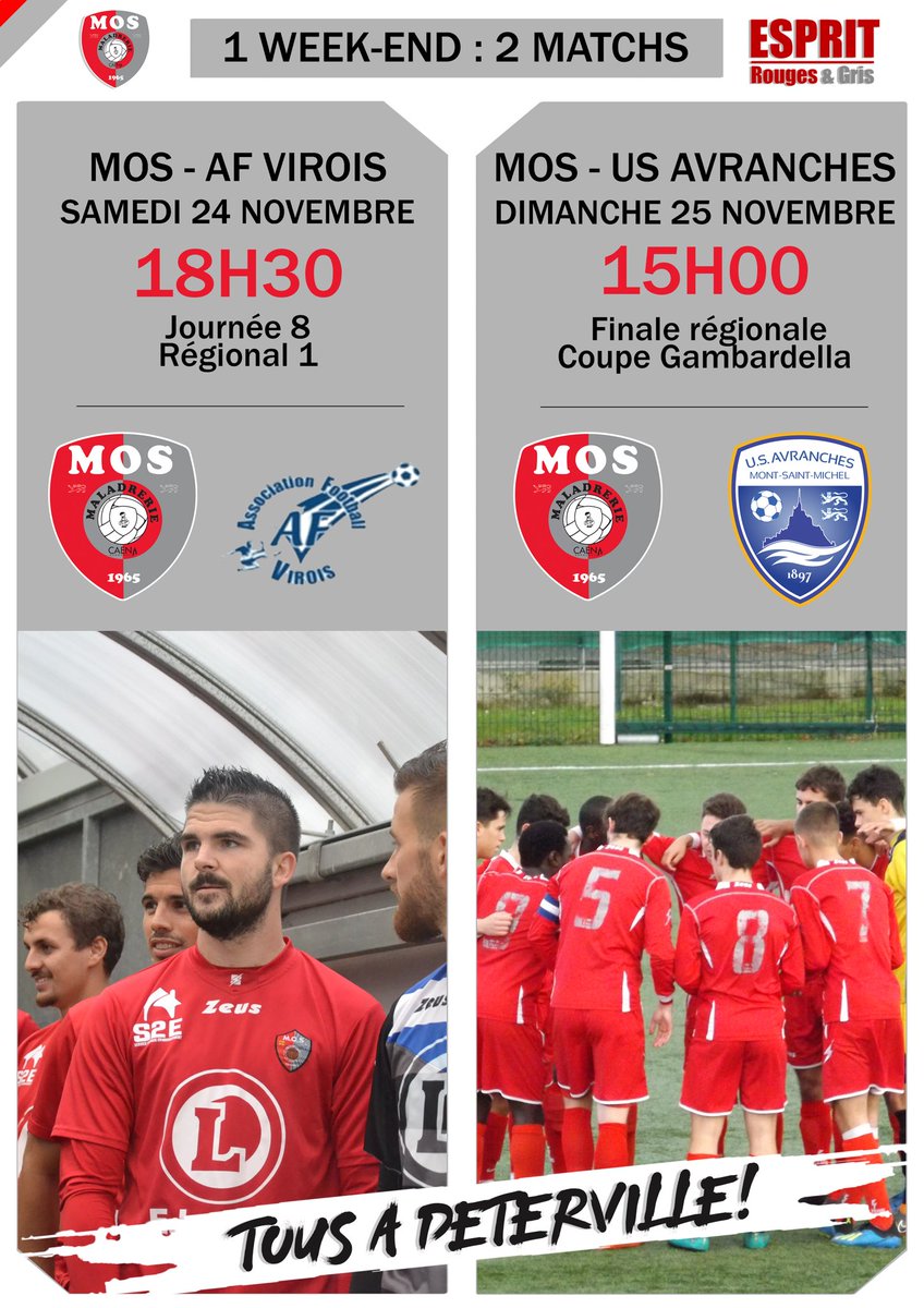 MaladrerieCaen's tweet photo. 1️⃣ week-end
2️⃣ matchs cruciaux
Rendez-vous à Deterville :
• Samedi 18h30 contre @AfVirois
• Dimanche 15h contre @USAvrMSM_Off
Tous à Deterville!! 🔴⚪️
#EspritRougesetGris #CoupeGambardella #R1 https://t.co/9MLnvPjrCh