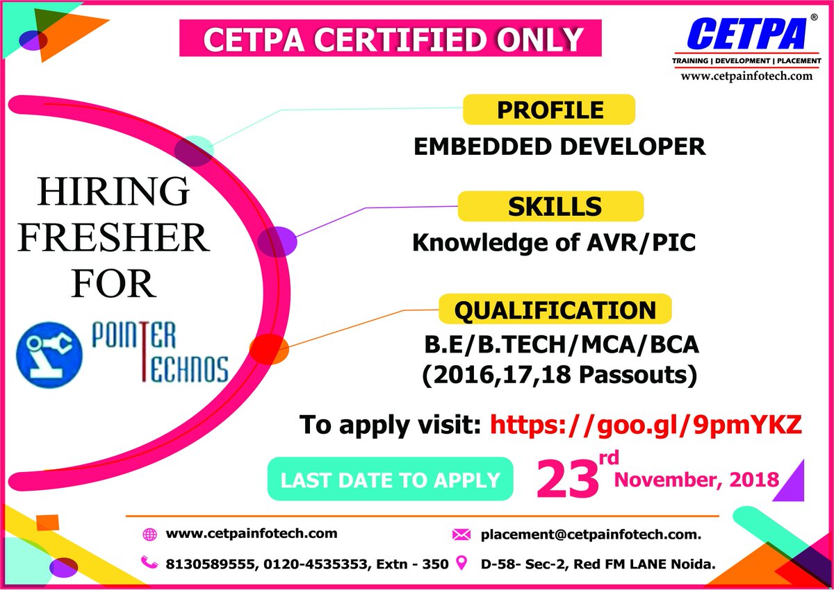 cetpainfo's tweet image. Excellent opportunity for B.TECH/BE/MCA/BCA students ~
Company: POINTER TECHNOS
Profiles: #Embedded_Developer
Apply by clicking at:- goo.gl/9pmYKZ
#EmbeddedDeveloper #EmbeddedC #AppDeveloper #C #AVR #PIC #jobopportunities #placement #Careers #Jobs #Trainee
