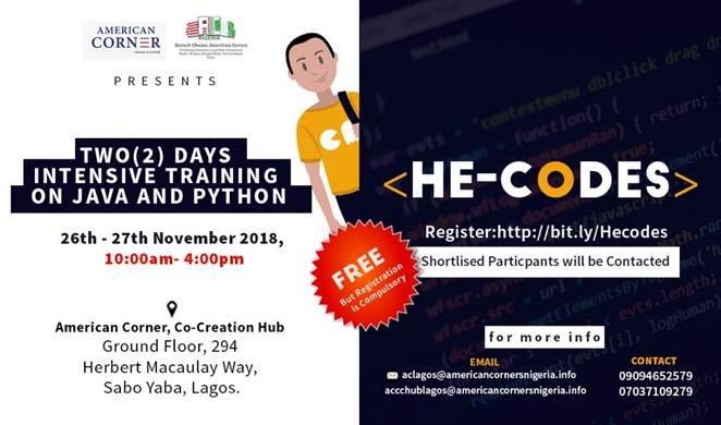 OvieBrumeFound's tweet photo. We are excited to announce the flagship of the He-Codes programming class.
@aclagosboac in partnership with @AcCcHUB presents a 2 day coding programme for males between the ages of 15-25 years.
Register and tell us why you should be a part of He-Codes. 
https://t.co/755v5jK45W https://t.co/7fsSmqE3Og
