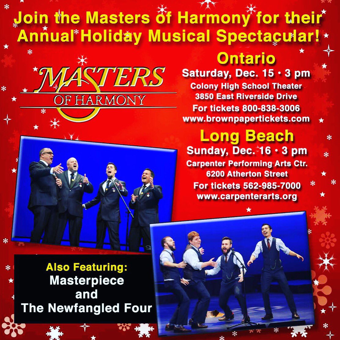 It’s almost Thanksgiving- which means it’s almost Christmas!!! Get your Christmas show tickets now! You don’t want to miss it! #masterpiece #newfangledfour #ChristmasMusic #LongBeach #OntarioArtsCA #MastersofHarmony <a href="/MasterpieceQT/">Masterpiece Quartet</a> <a href="/TNFquartet/">The Newfangled Four</a>
