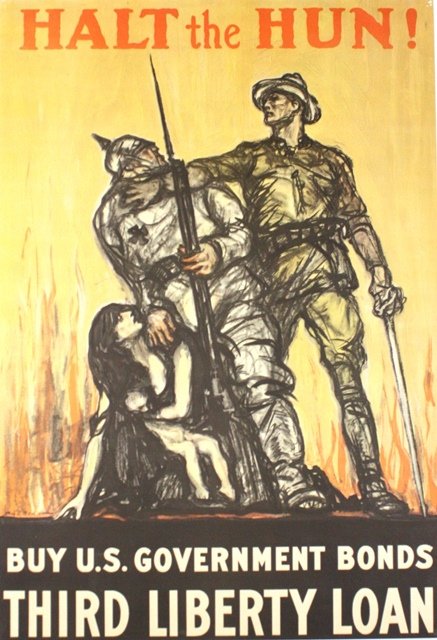 NJStateMuseum's tweet photo. In “Halt the Hun” (1918), artist Henry Raleigh shows a U.S. soldier rescuing a woman & child from a German captor. The artist suggests that without our help, the women & children of Europe will suffer a terrible fate. Gift of Mr. and Mrs. Robert Price #EmbattledEmblems #WWI https://t.co/VNH59Pb9ob