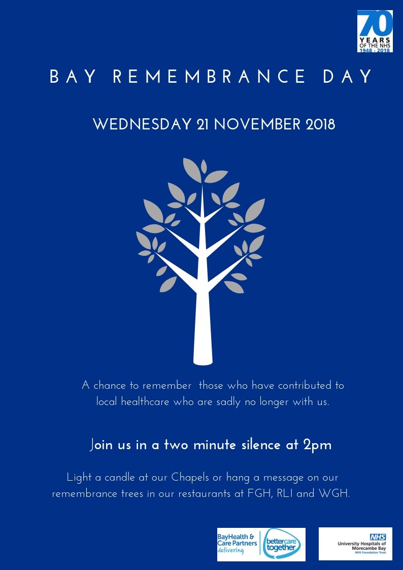 UHMBT's tweet photo. Join us in a two minutes silence at 2pm today to remember those who have contributed to local healthcare who are sadly no longer with us #BayRemembranceDay @BCTMorecambeBay #NHS70 @NHSat70 https://t.co/e4ovVqzFNf
